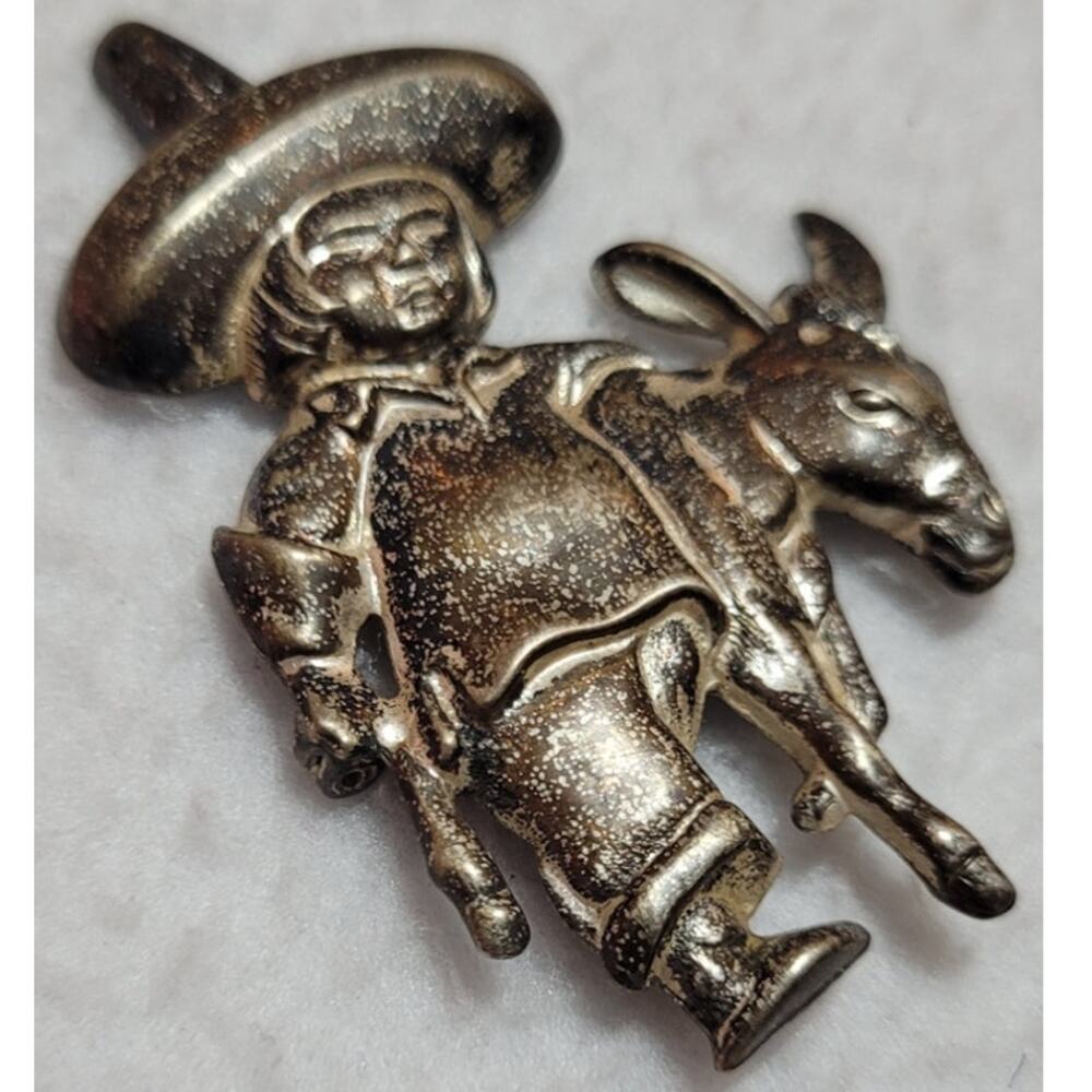 VINTAGE 1940s MEXICAN STERLING 925 BOY SOMBRERO HAT BURRO DONKEY BROOCH PIN - Picture 5 of 9
